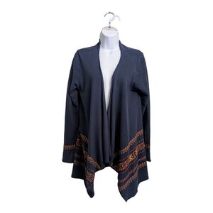 Lucky Brand Navy Blue Open Front Cardigan Sweater Boho Tribal Embroidery Light S